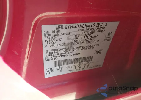 2004 Ford F-150 Lariat/Xlt from USA, damaged, VIN 1FTPW12504KC20387